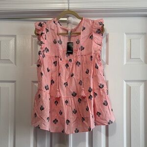 Belle Isle Pink Ruffled Sleeveless Top with Floral Print, Sz 1